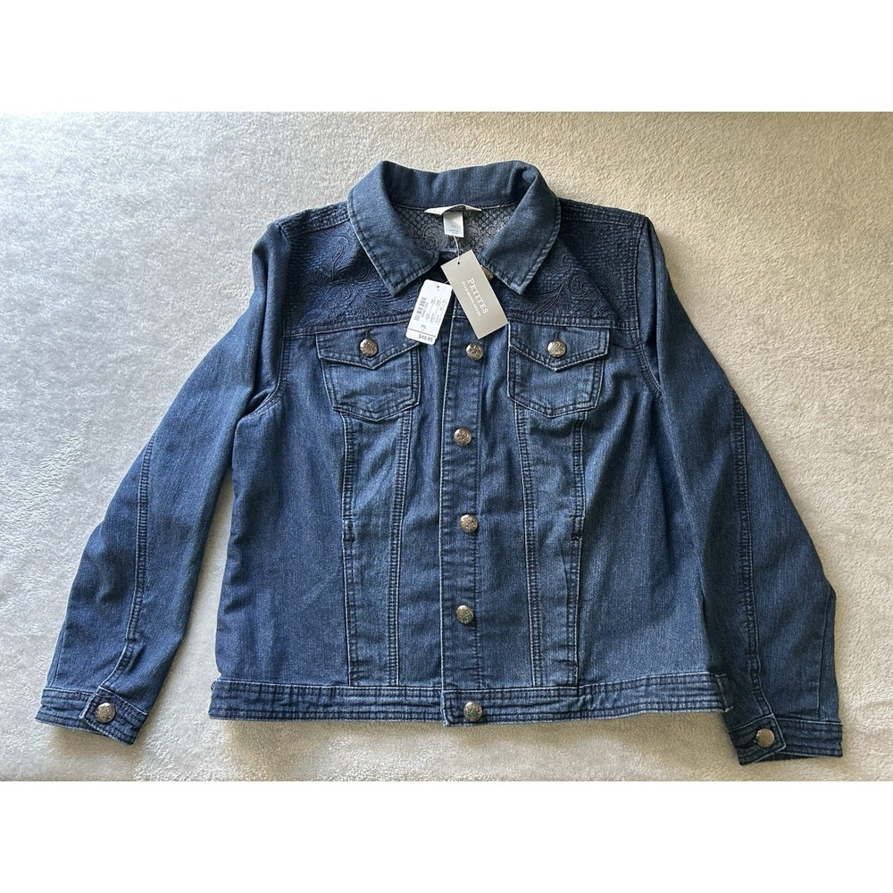 Christopher & Banks Blue Floral Embroidered Denim Stretch Button Up Jacket P/L